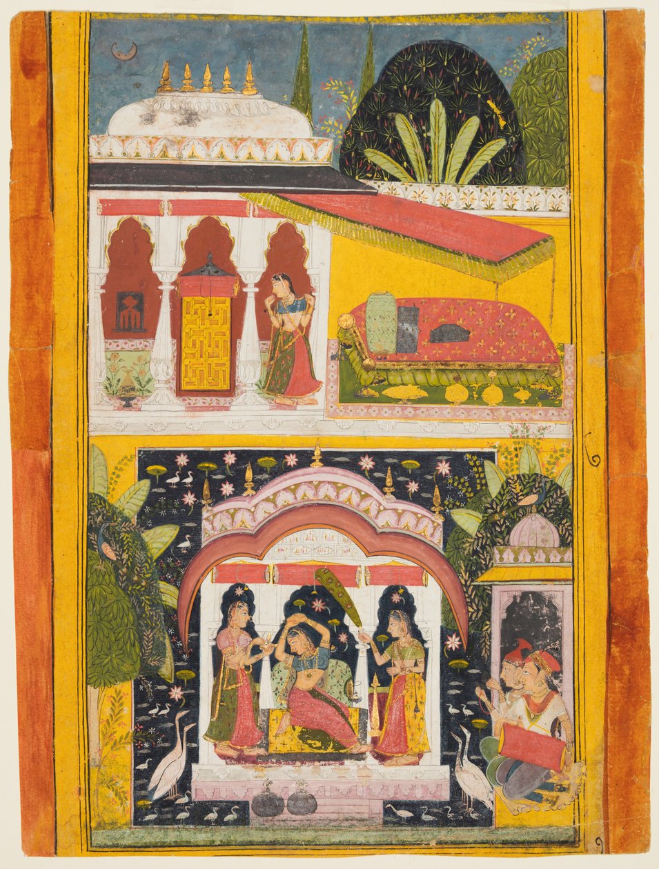 Desavarari Ragini, fra en Ragamala-serie: En dame og to ledsagere i en bue i midten, c169 af Unbekannt