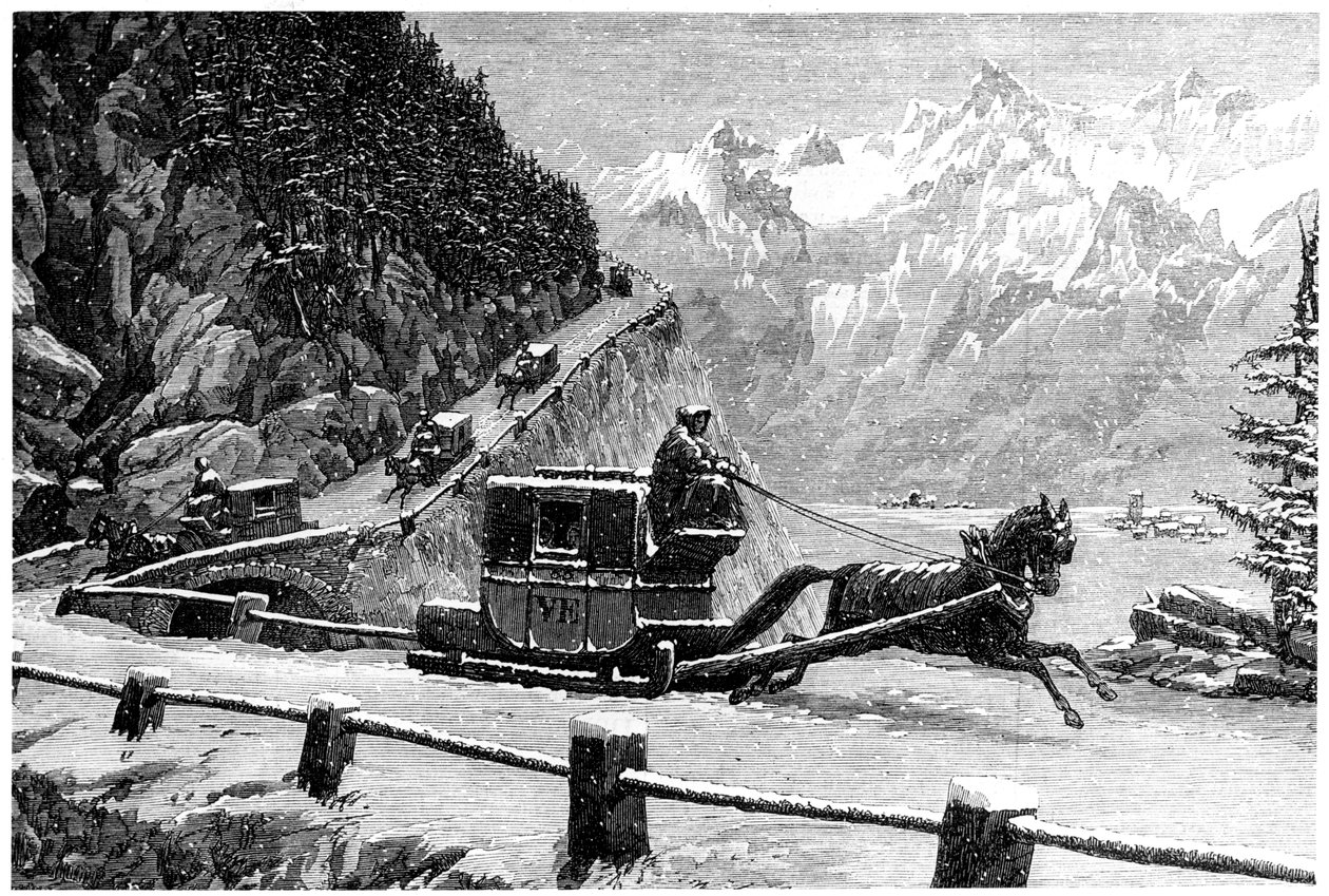 Nedstigning af Mont Cenis passet om vinteren med hestetrukket slæde, 1800-tallet af Unbekannt
