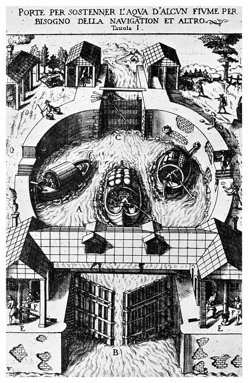 Design til hængslede kanallåseporte af Leonardo da Vinci, 15. århundrede 1956 af Unbekannt