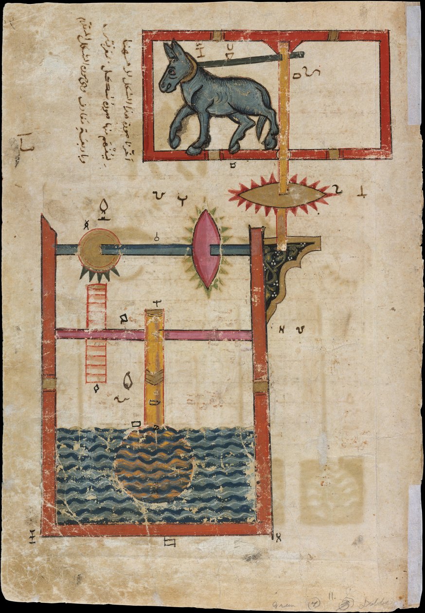 Design på hver side til vandhjul udført af Donkey Power..., dateret A.H. 715 A.D. 1315. af Unbekannt