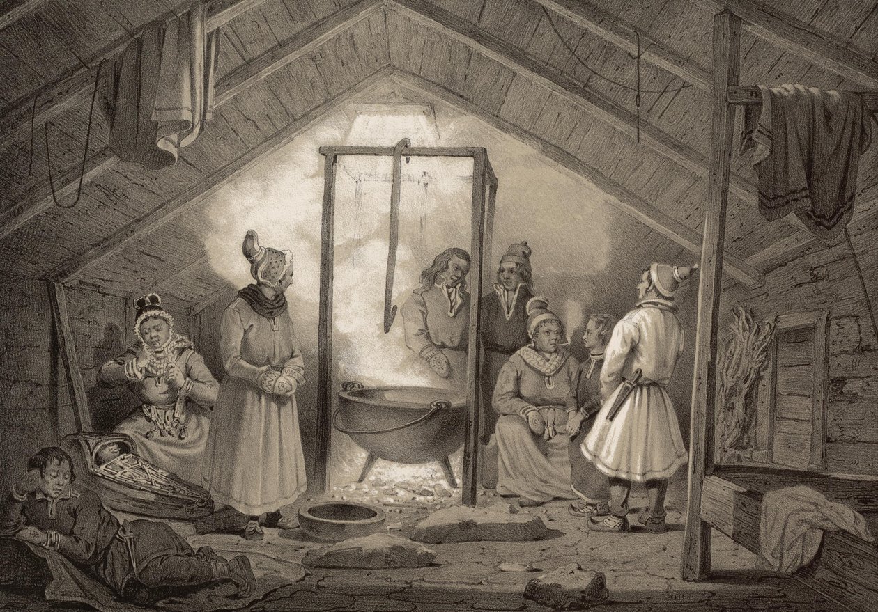 Det indre af et stuehus i Finnmark. Illustration hentet fra bogen Norge produceret i tegninger af Asbjørnsen, P.Chr. og udgivet af Chr. Tønsberg (nr. 1848) Søndagsklædte samer i en stue. «Træhytter (...) forekommer kun undtagelsesvis ved Sölapperne af Unbekannt