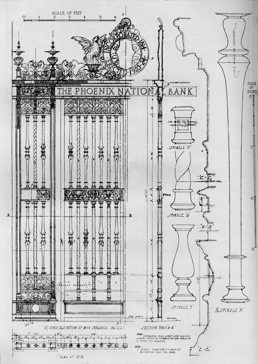 Detaljetegning af hovedindgangsdørens gitter, Phoenix National Bank, 1924 af Unbekannt