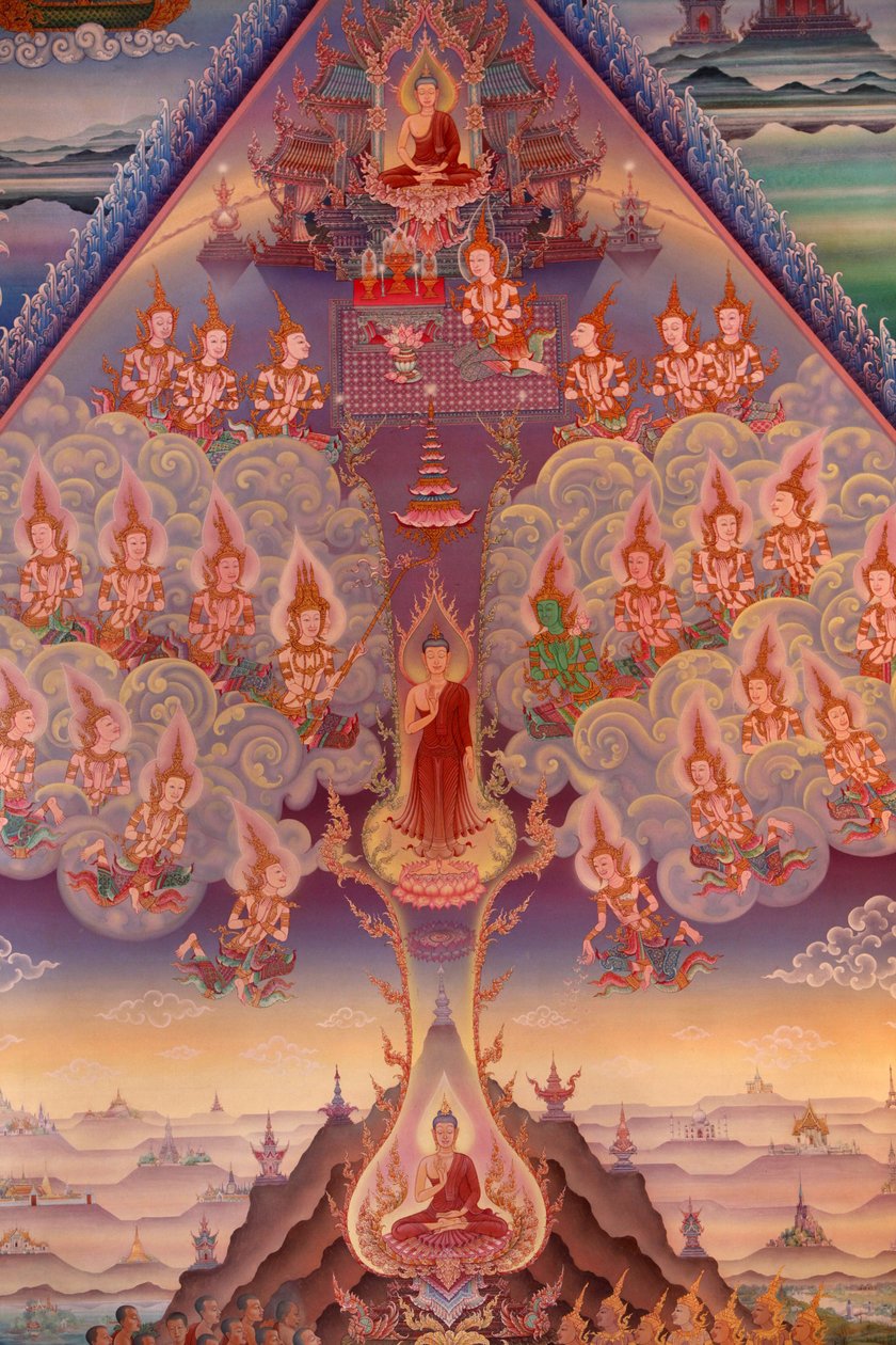 Detalje af et vægmaleri i Uposatha (helligdomshallen) i Buddhapadipa-templet, Wimbledon, Grande-Bretagne af Unbekannt