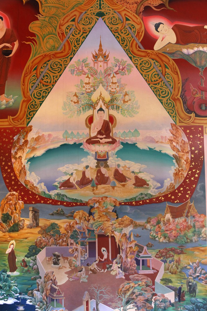 Detalje af et vægmaleri i Uposatha (helligdomshallen) i Buddhapadipa-templet, Wimbledon, Grande-Bretagne af Unbekannt