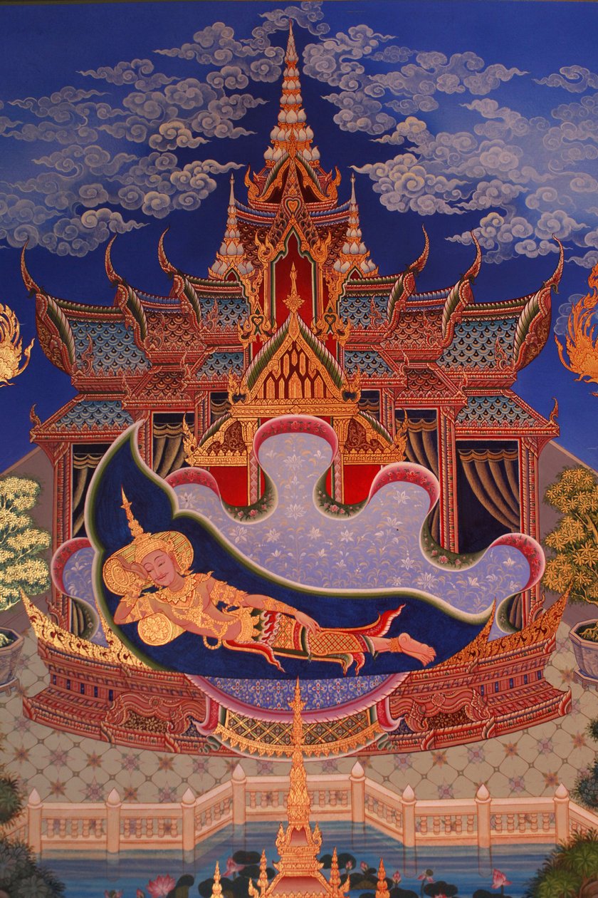 Detalje af et vægmaleri i Uposatha (helligdomshallen) i Buddhapadipa-templet, Wimbledon, Grande-Bretagne af Unbekannt