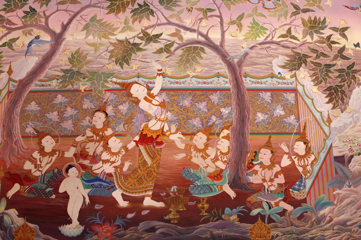 Detalje af et vægmaleri i Uposatha (helligdomshallen) i Buddhapadipa-templet, Wimbledon, Grande-Bretagne af Unbekannt