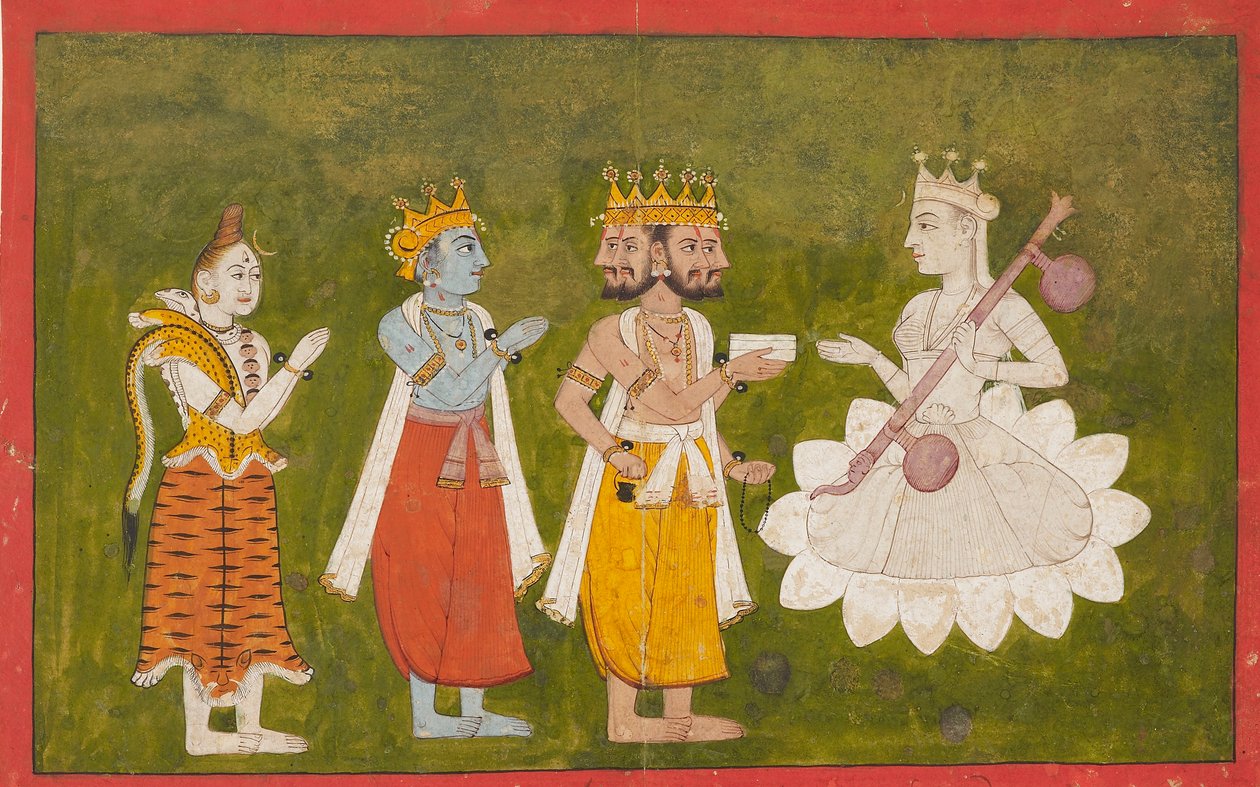 Devi æret af Brahma, Vishnu og Shiva, c1710 af Unbekannt