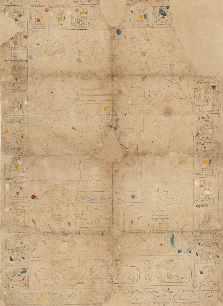 Diagram for en Pichawai, der skildrer Sharad Purnima, efterårets fuldmåne, midten af det 19. århundrede. af Unbekannt