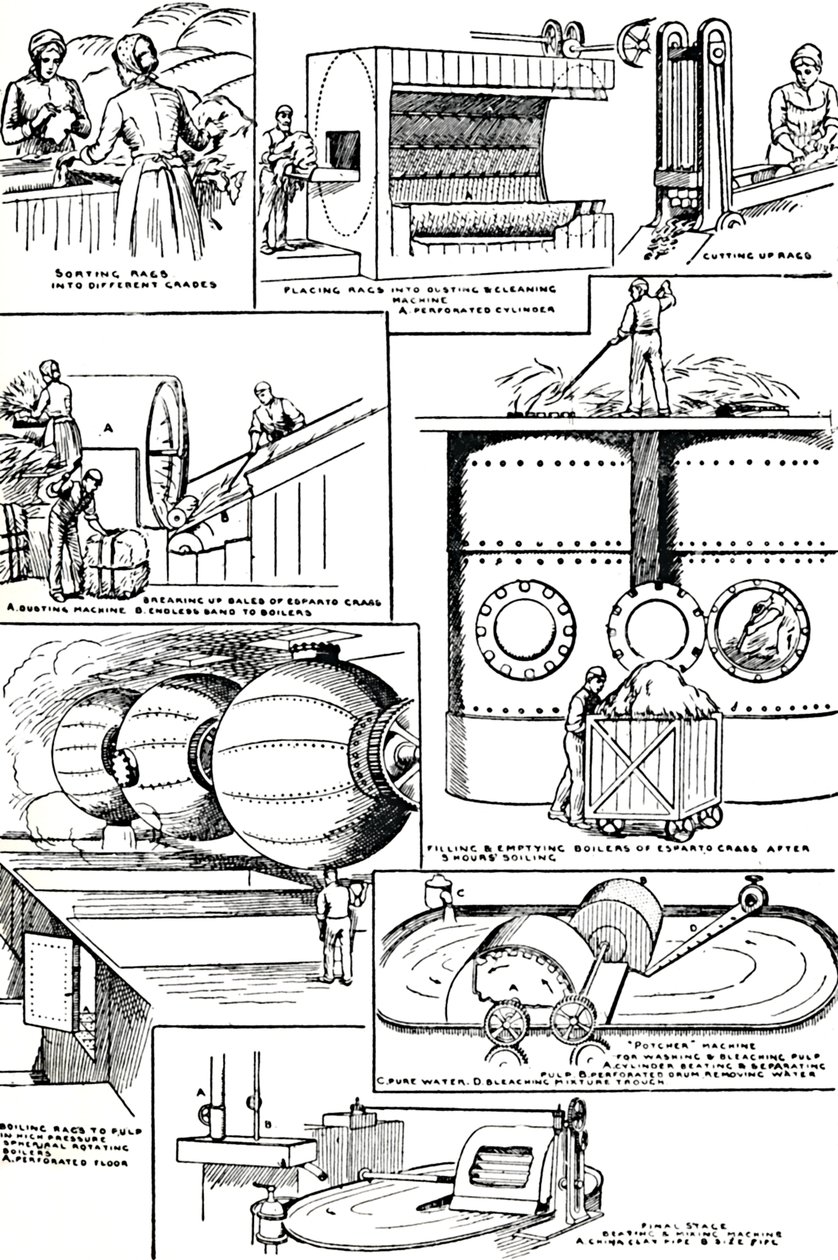 Diagrammer, der illustrerer forberedelsen af klude og espartogræs til papirfremstilling, c1917 af Unbekannt