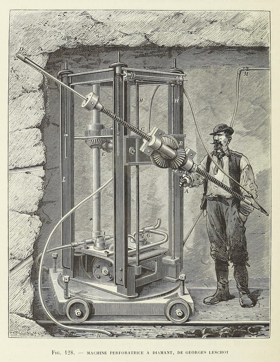Diamantboremaskine designet af Georges Leschot, pub. 1883 gravering, 1883. af Unbekannt