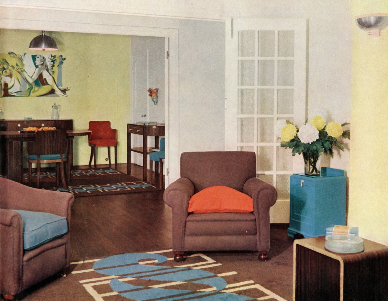 Spisestue og lounge i en rekonstrueret lejlighed i London til Mrs. Harry Ewbank ved Bryanston Court af Unbekannt