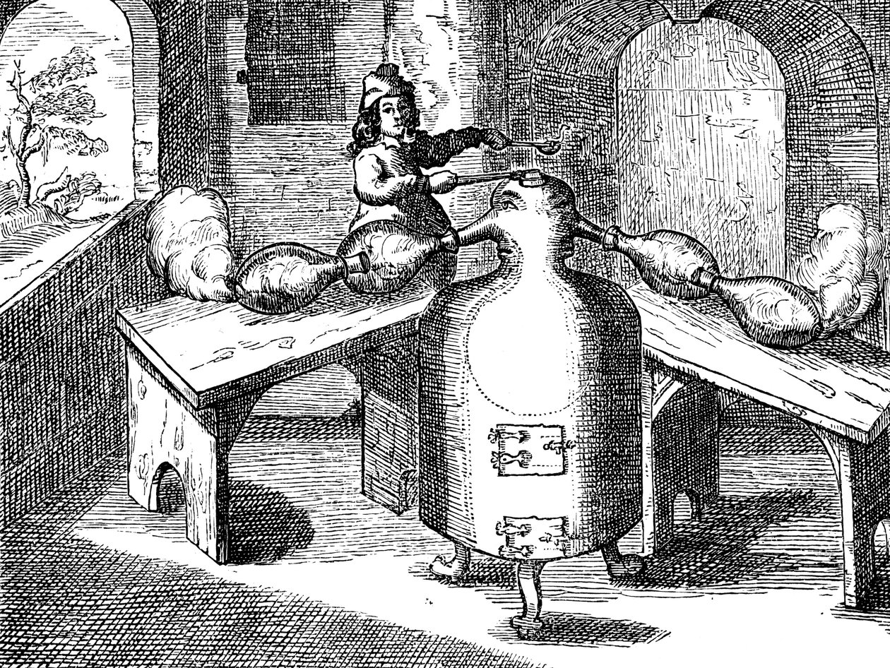 Destillation af salpetersyre Aqua fortis eller skillesyre i en jernmand med to næser, 1689 af Unbekannt