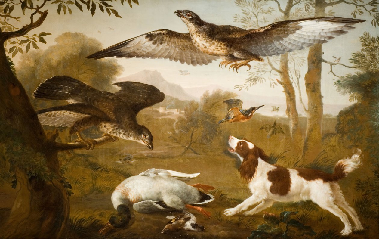 Hund vogter en død and fra rovfugle, 1700-1800. af Unbekannt