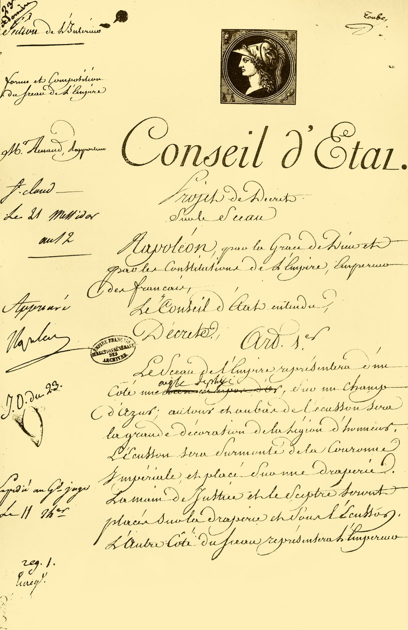 Udkast til dekret om formen og sammensætningen af det kejserlige segl, 10. juli 1804, 1921. af Unbekannt
