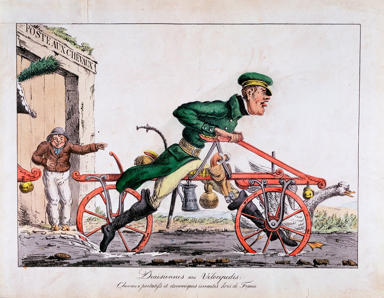 Draisienne eller velocipede vist som erstatning for heste i den franske postvæsen, 1818 af Unbekannt