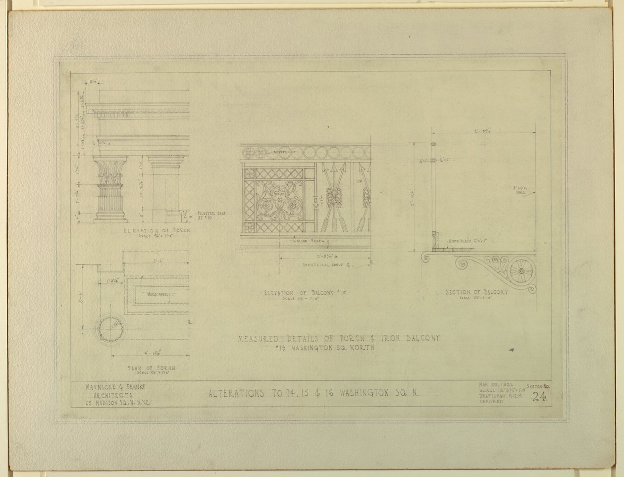 Tegning, ændringer til 14 15 16 Washington Square North, skitse nr. 24 af Unbekannt