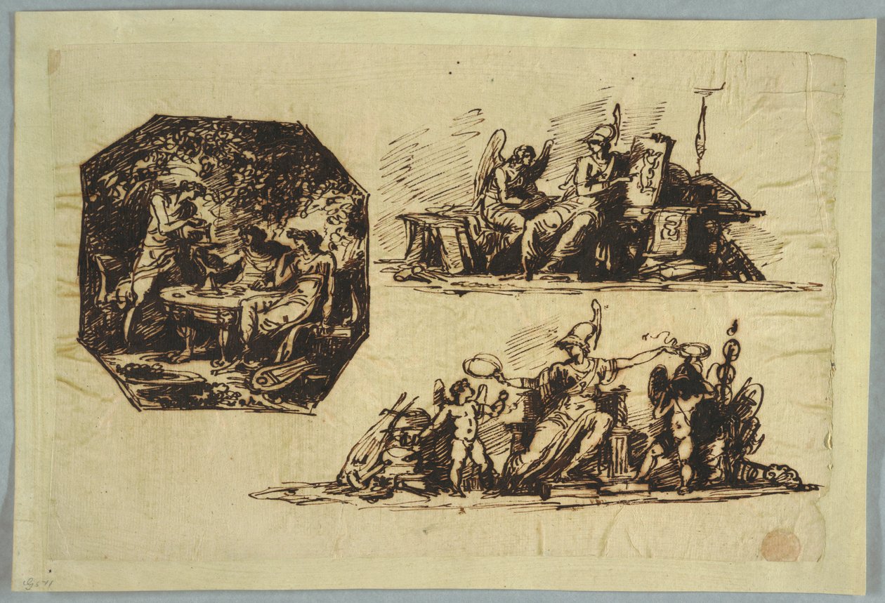 Tegning, Bacchus, Apollo og Mnemosine; Minerva med trofæer af Unbekannt