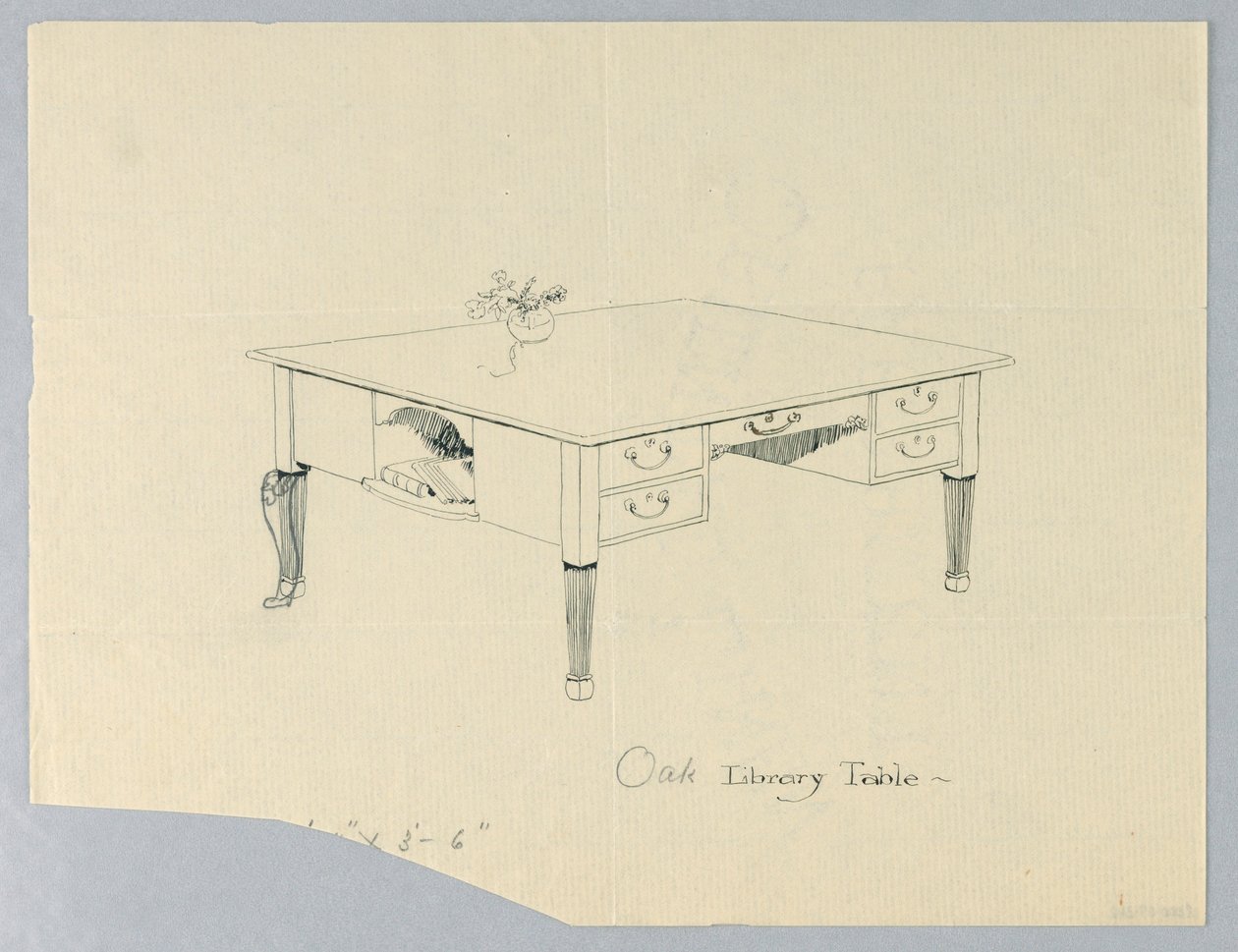 Tegning, design til biblioteksbord med side -niche og benvariation angivet af Unbekannt