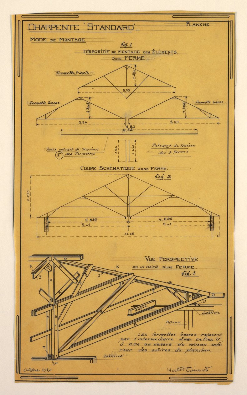 Tegning, design til et massedriftshus designet af Hector Guimard, Framing Construction af Unbekannt