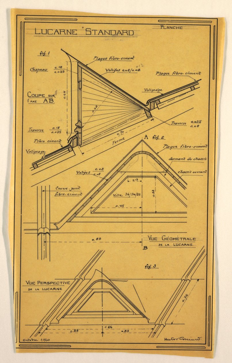 Tegning, Design for et massefunktionelt hus tegnet af Hector Guimard, konstruktion af ovenlysvinduer, oktober 1920 af Unbekannt