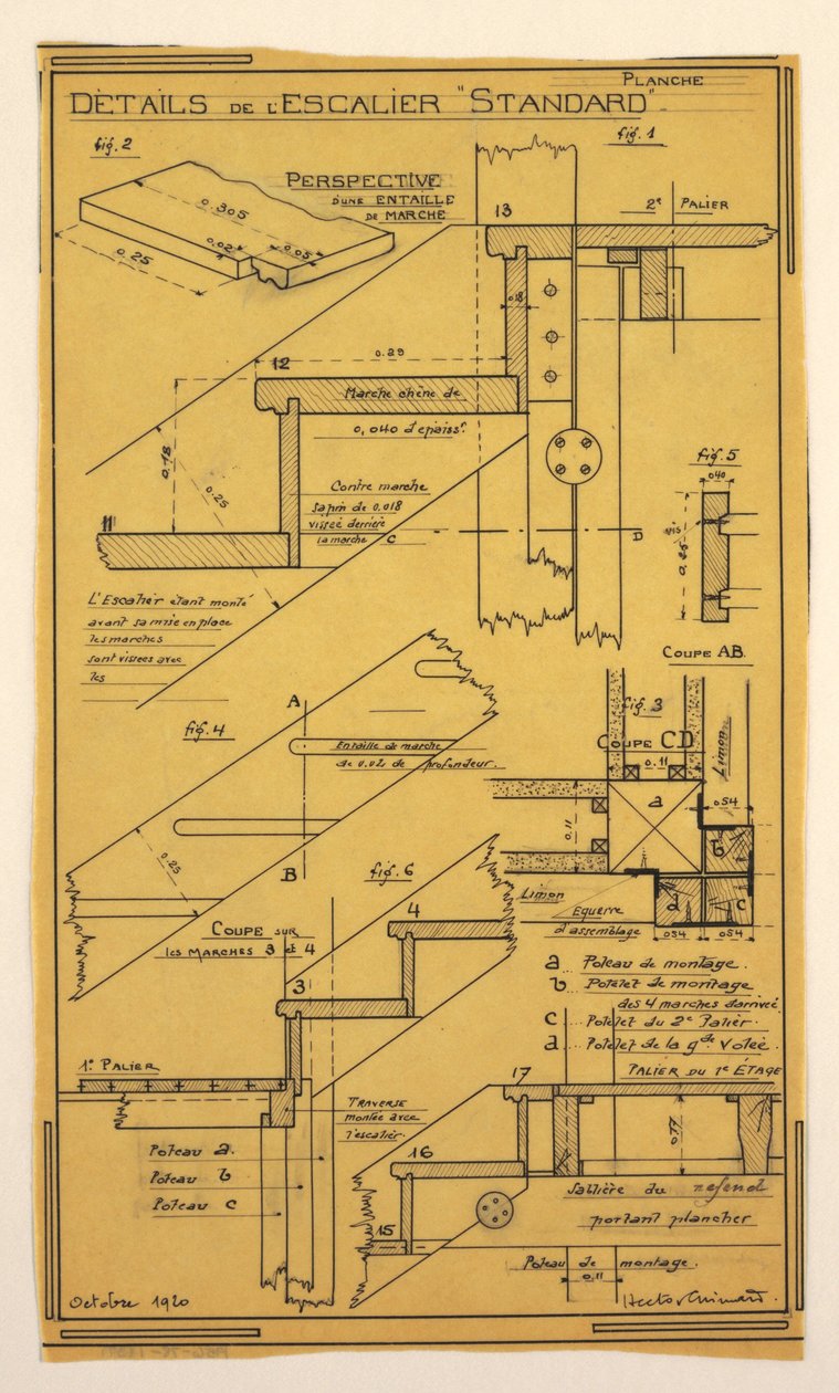 Tegning, Design til et masseoperativt hus designet af Hector Guimard, trappekonstruktion af Unbekannt