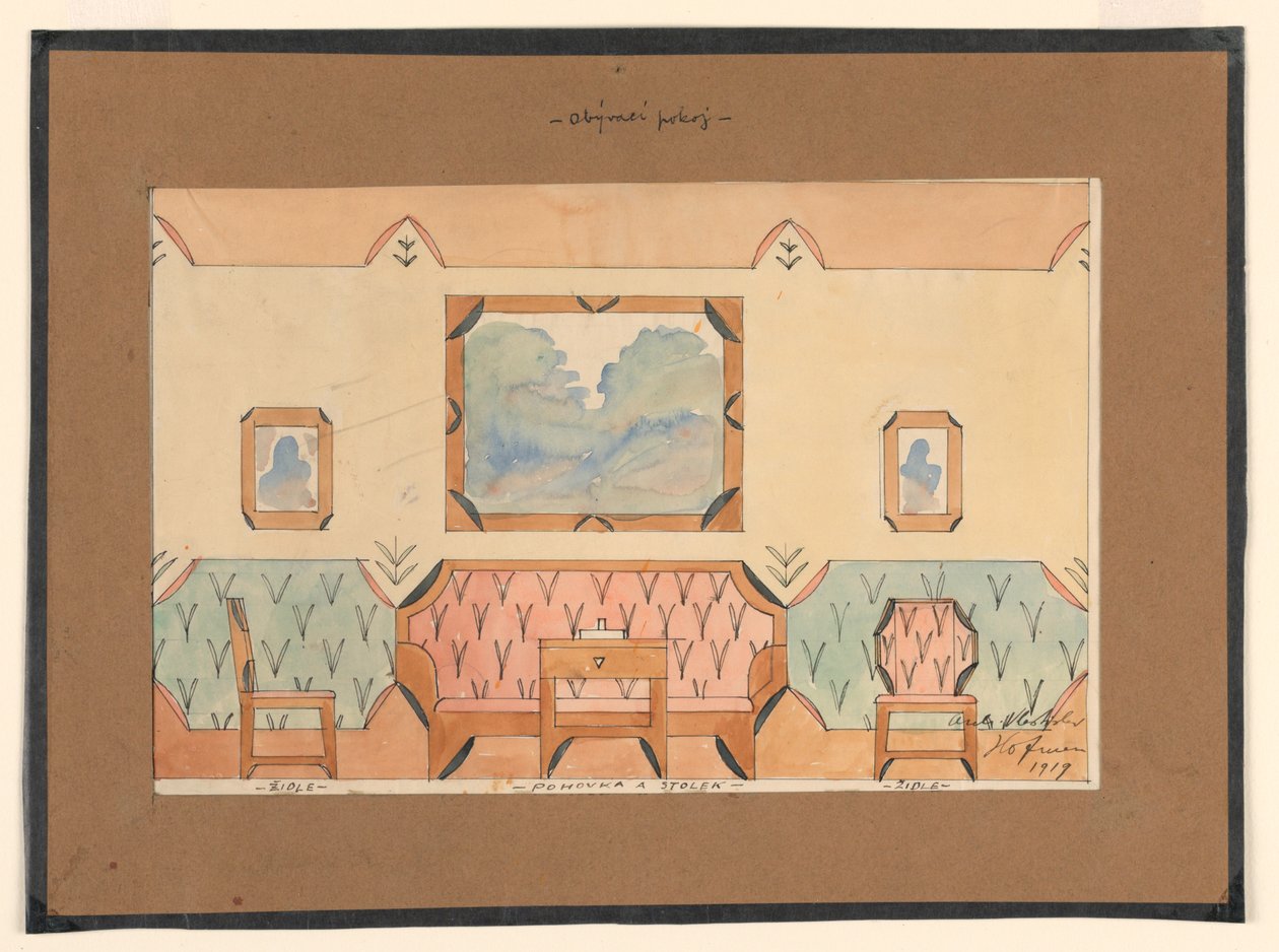 Tegning, design til en stue med sofa, to stole og bord af Unbekannt