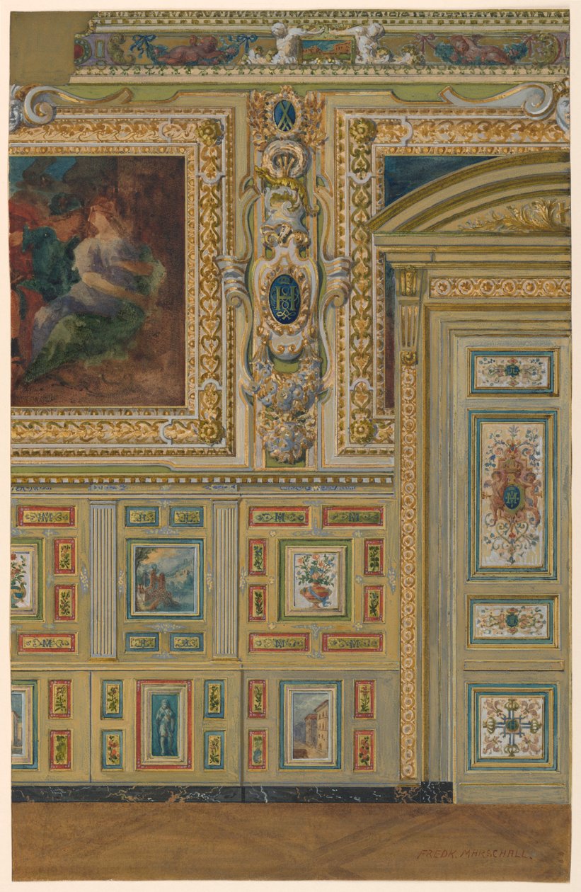Tegning, sektion af en væg, der viser grupper af malede paneler, ovalt kammer, salon Louis XIV, Palace of Fontainebleau, Frankrig af Unbekannt