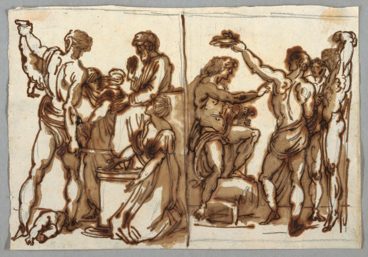 Tegning, Salomons dom; The Flaying of Marsyas, ca. 1820 af Unbekannt