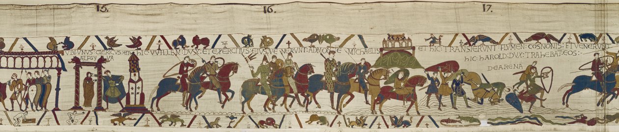 Hertug William fører sin hær til Bretagne, hvor Harold modigt genopløser soldater fra kviksandet, Bayeux Tapestry (uldbroderi på linned) af Unbekannt