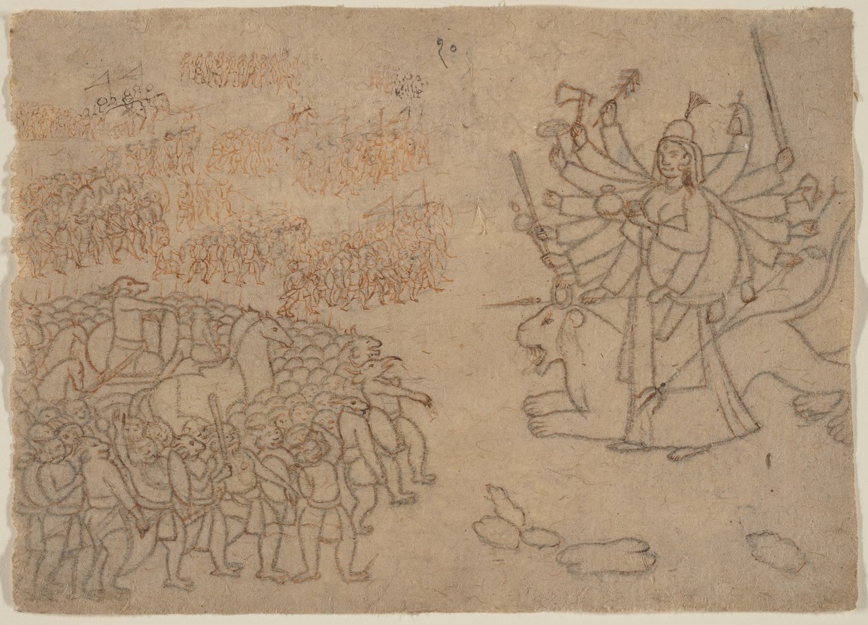 Durga konfronterer hæren af dæmonen Chikshura: Scene fra Devi Mahatmya, ca. 1780. af Unbekannt