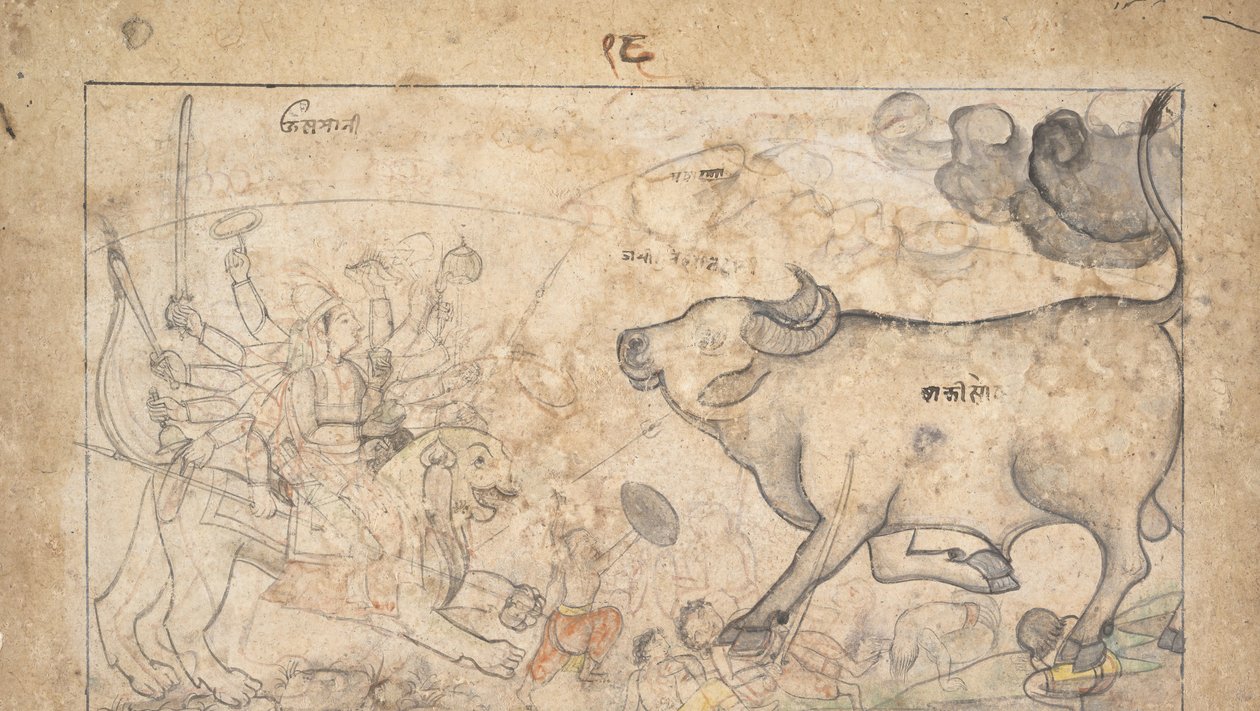 Durga konfronterer Buffalo Demon Mahisha: Scene fra Devi Mahatmya, Ka. 1780. af Unbekannt