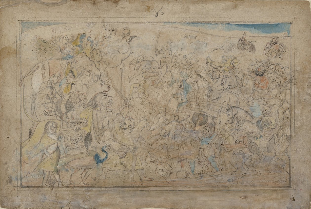 Durga, Kali og fem matrikaer kæmper mod dæmonens hær af dæmonen Shumbha..., ka. 1780. af Unbekannt
