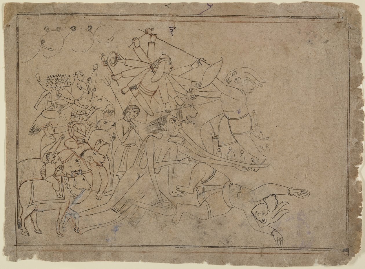 Durga, Kali og matrikerne kæmper mod dæmonen Raktabija: scene fra Devi Mahatmya, Ka. 1780. af Unbekannt