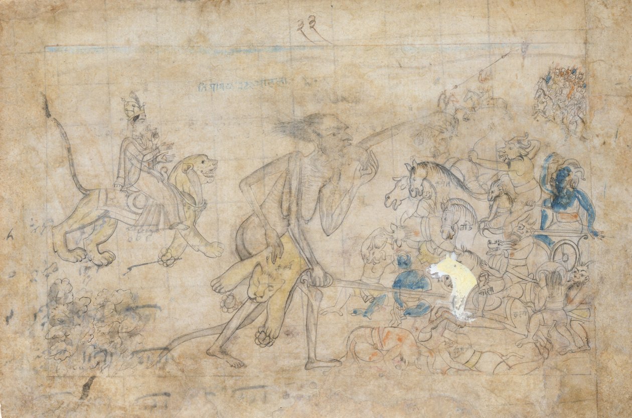 Durga og Kali nærmer sig de samlede hære af Chanda og Munda..., ca. 1780. af Unbekannt