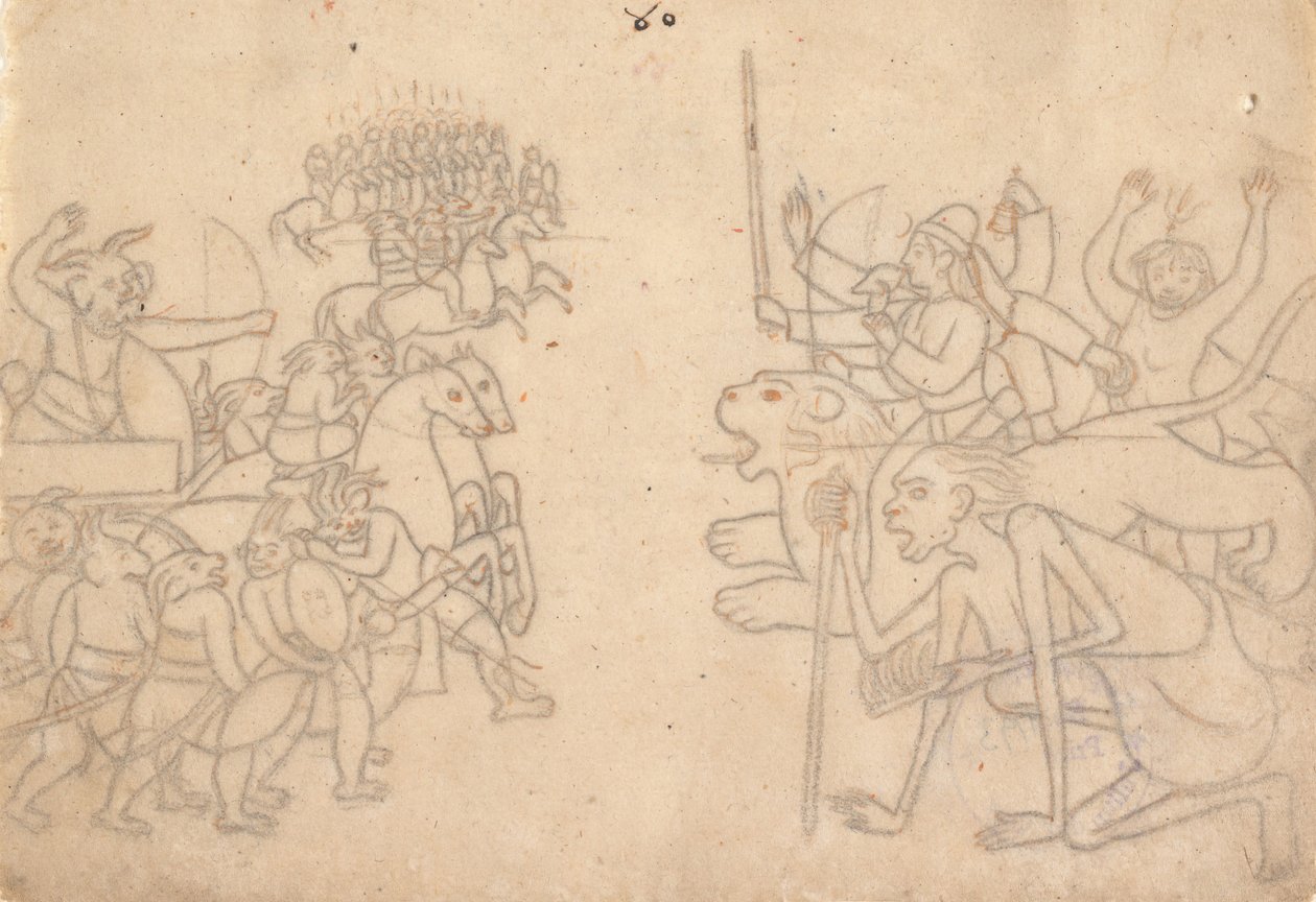 Durga og Kali nærmer sig de samlede hære af Chanda og Munda... Devi Mahatmya, ca. 1780. af Unbekannt
