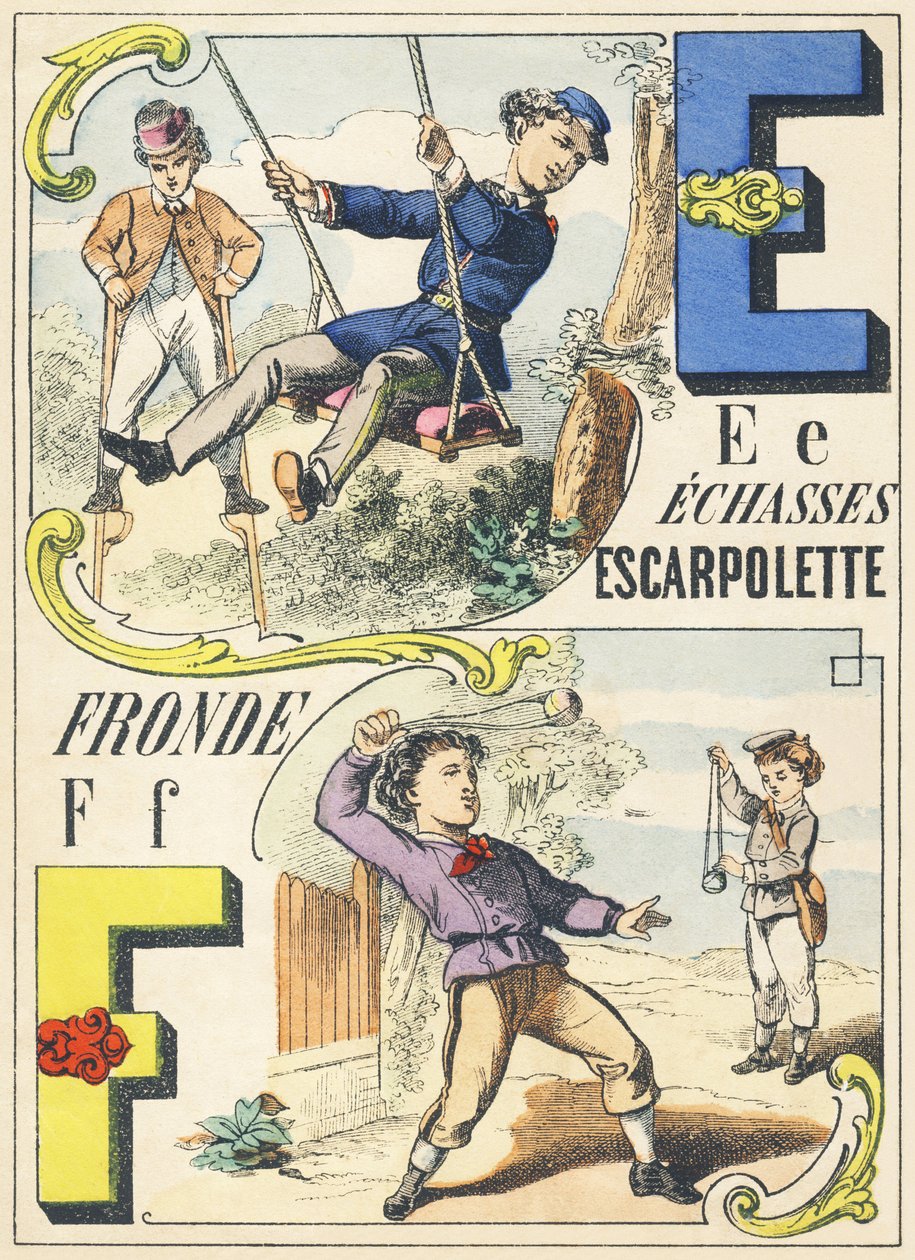 E F : echasses, escarpolette, fronde - Games Alphabet, ca. 1890 (illustration) af Unbekannt