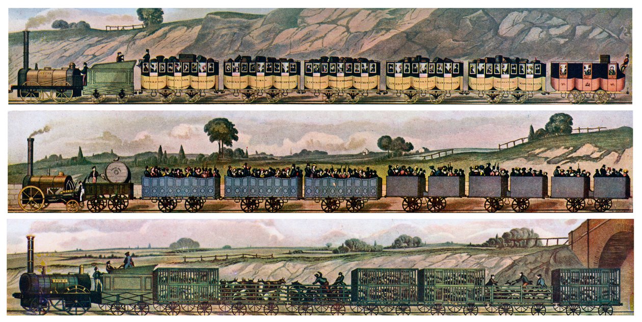 Tidlige jernbanevogne, Liverpool og Manchester Railway, England, 1831, c1900-1920 af Unbekannt