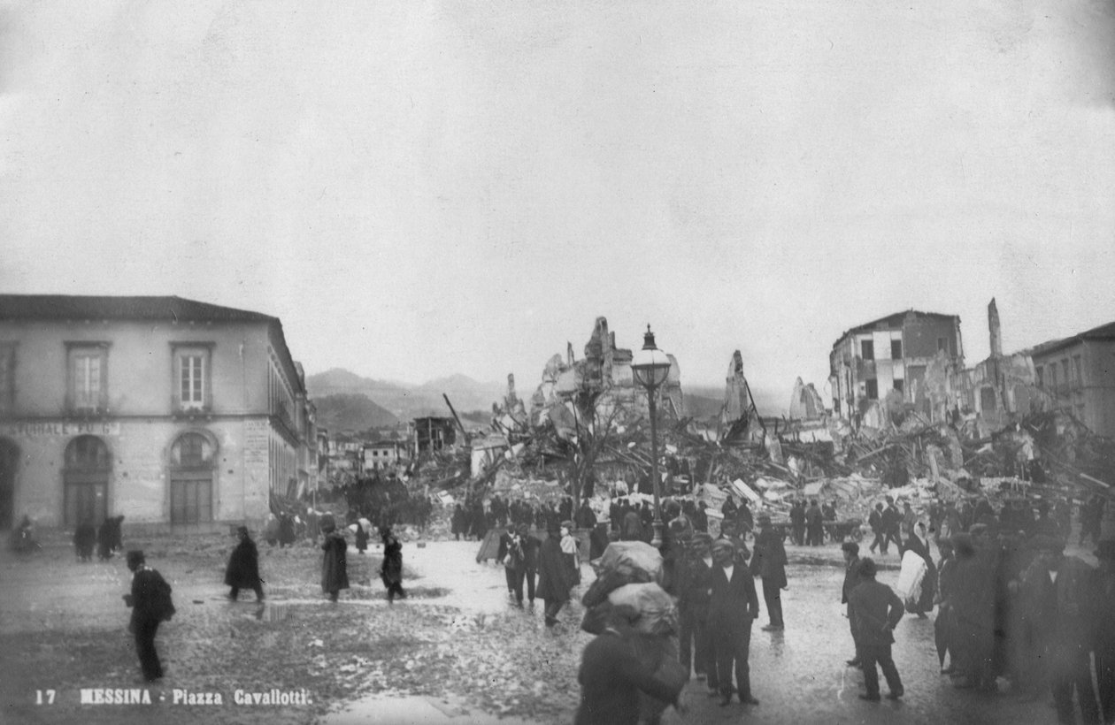 Jordskælvsskader på Piazza Cavallotti, Messina, Sicilien, Italien, december 1908 af Unbekannt