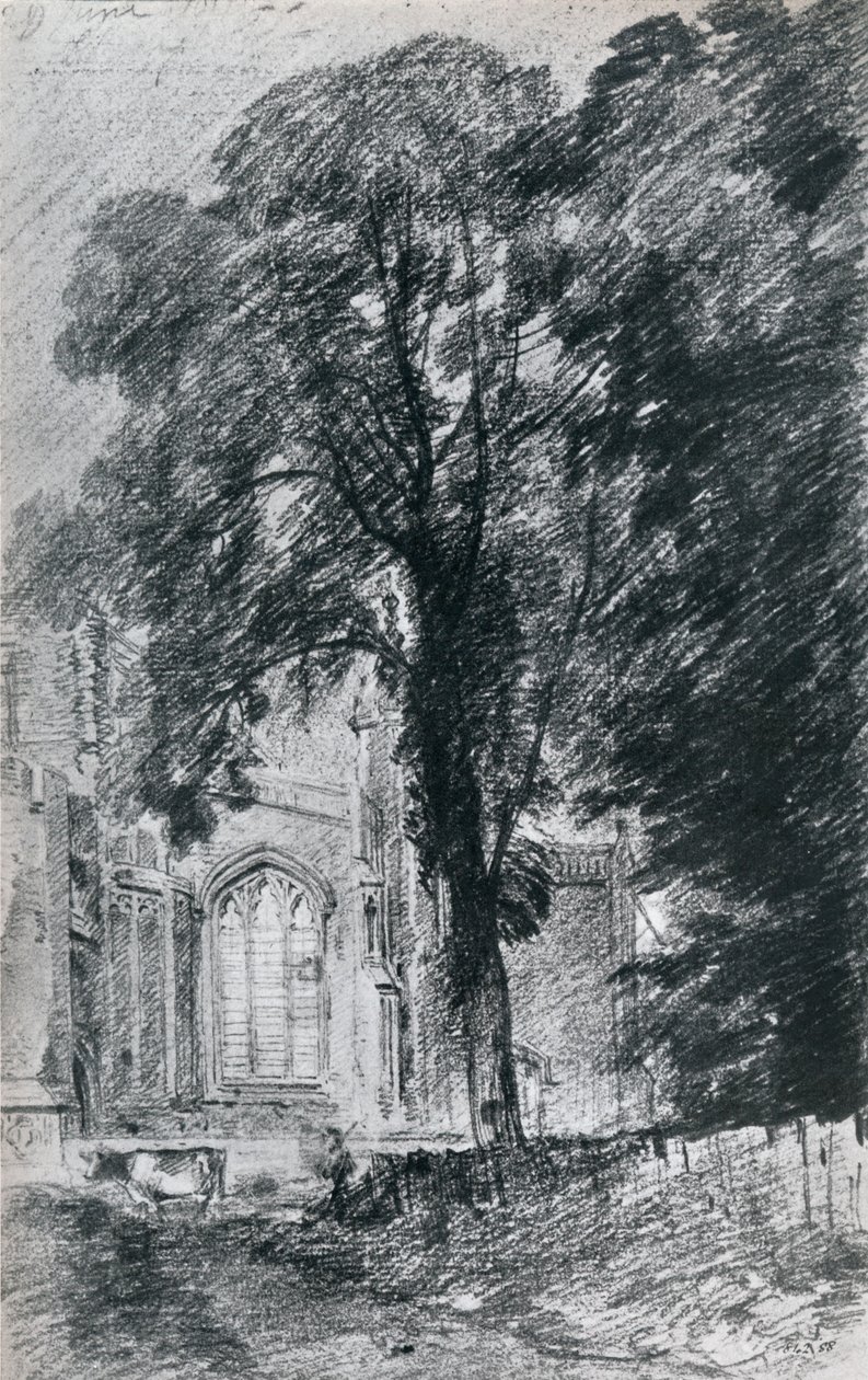 Østre Bergholt Kirke: del af vestenden set ud over en gruppe elme, 1812, 1925 af Unbekannt