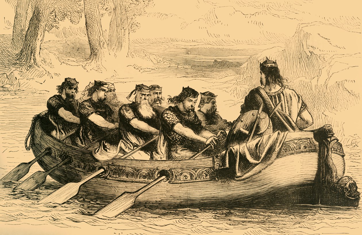 Edgar Stillehavet bliver roet ned ad floden Dee af Eight Tributary Princes, c1890. af Unbekannt