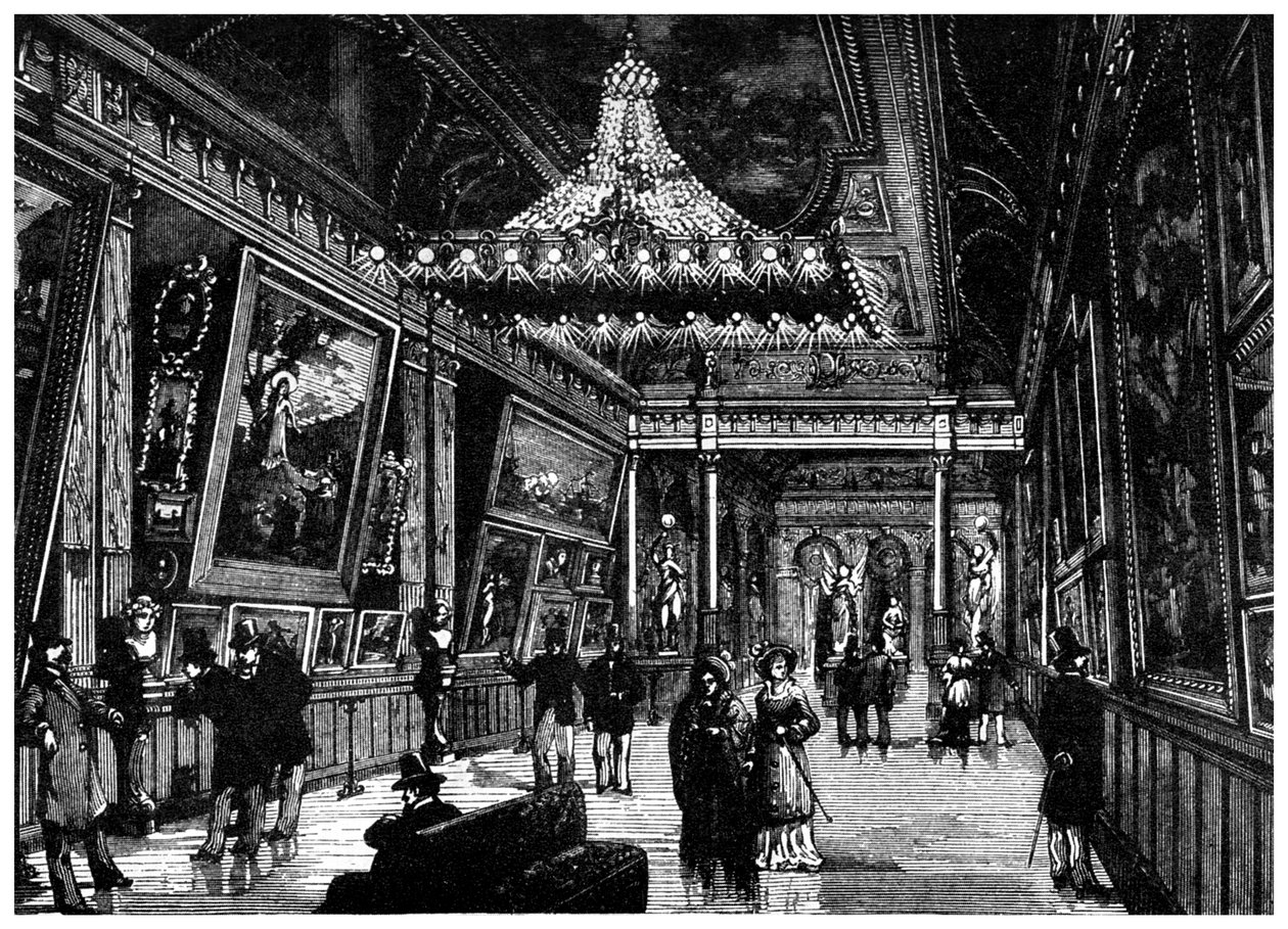 Edisons glødelamper lyser op i et kunstgalleri i New York, 1882 1956 af Unbekannt