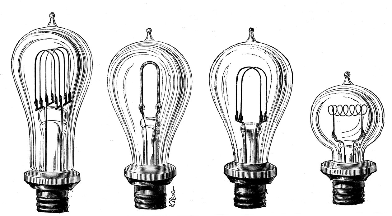 Edisons glødelamper, der viser forskellige former for carbonfilament, 1883 af Unbekannt