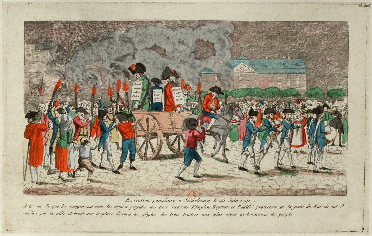 Afbrænding af billede af Klinlin, Heymann og Bouille den 25. juni 1791 i Strasbourg, 1791. af Unbekannt