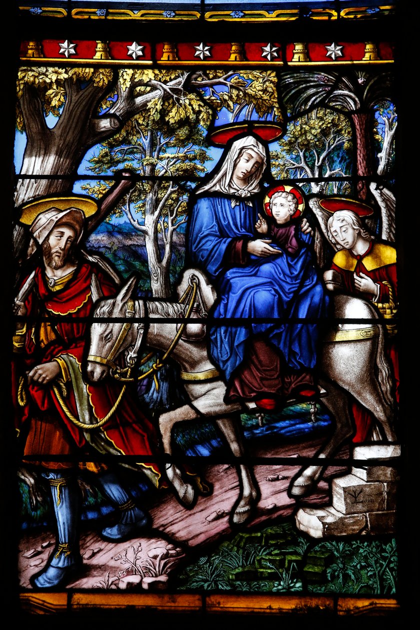 Saint-Remy-kirken i Troyes. Glasmaleri: Scener fra Jomfruens liv. Detalje: Flugten til Egypten. Vincent-Larcher værksted, 1800-tallet af Unbekannt