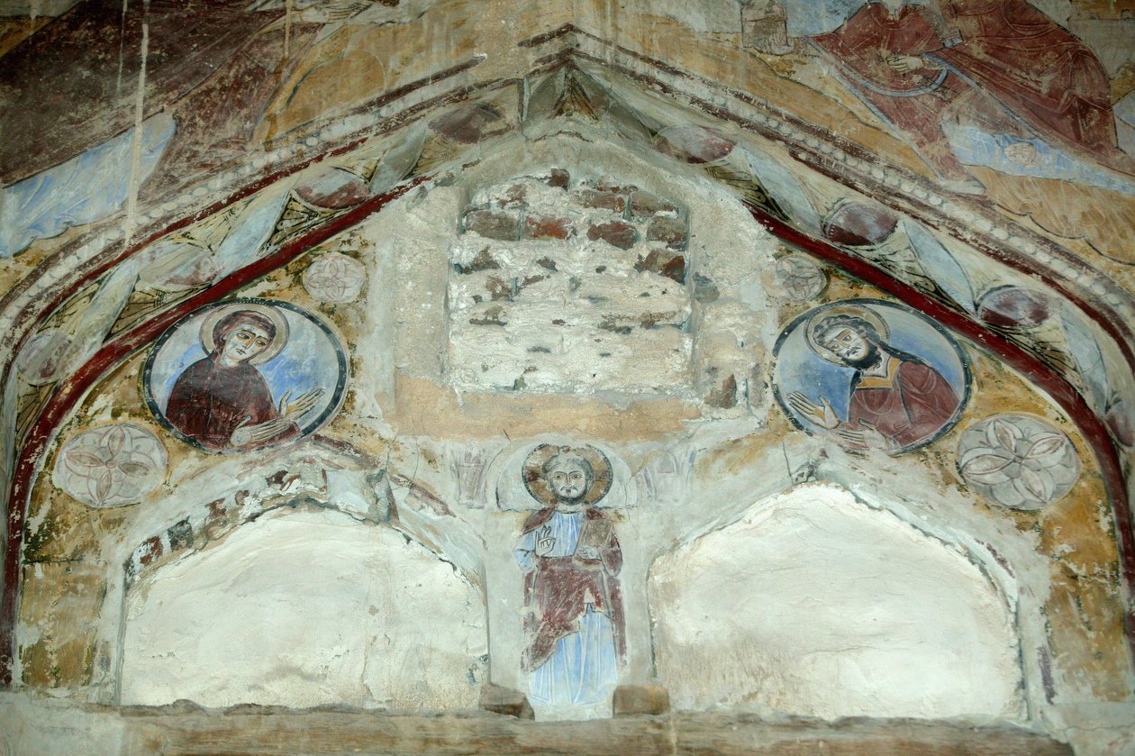 Sankt Macarius kirke. Fresker af den hellige jomfru og Johannes Døberen, der går i forbøn med Kristus til fordel for menneskeheden. Saint Macaire of Scete Monastery eller Deir Abu Magar eller Deir Amba Makar, Egypten af Unbekannt