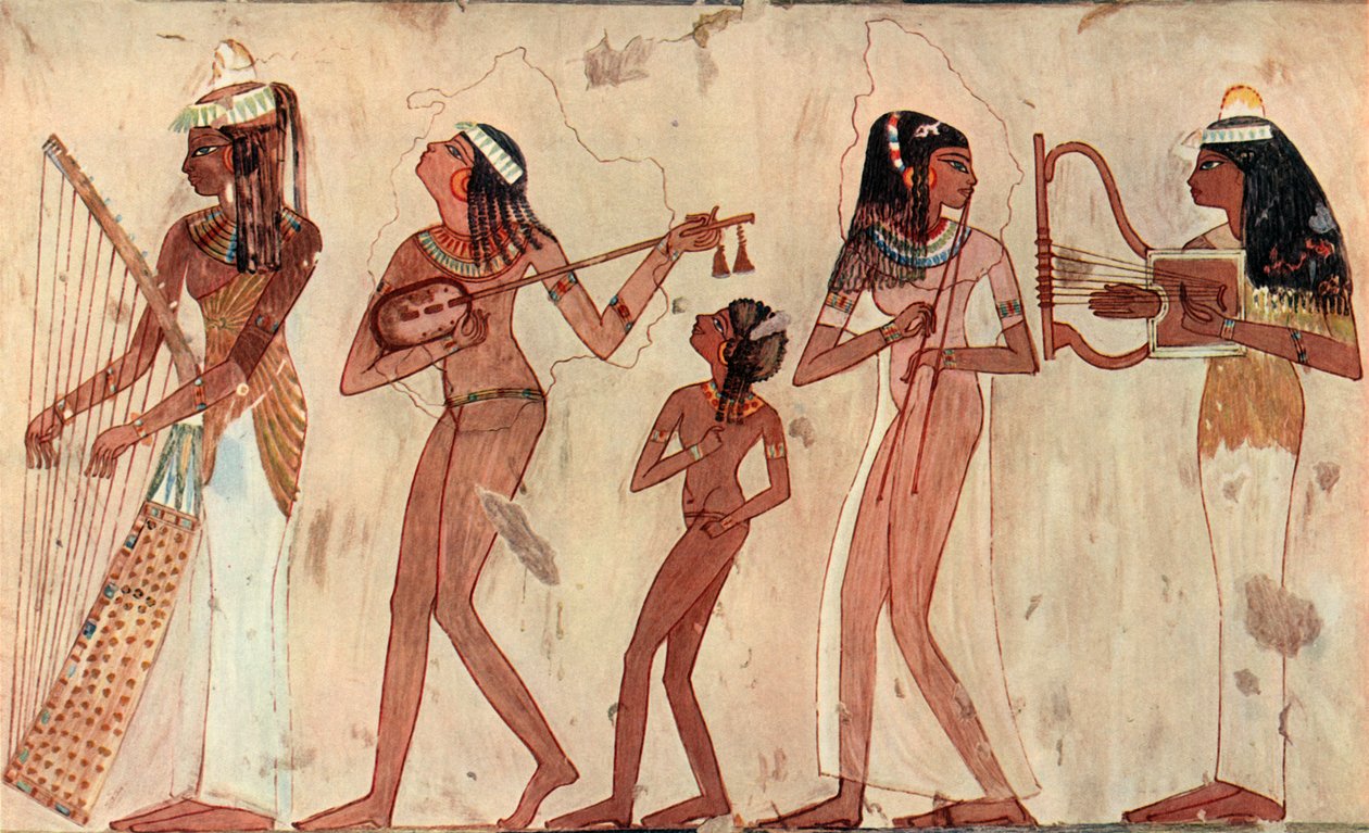 Egyptisk buet harpe, lut, dobbelt obo og lyre, gravmaleri i Veset Theben ca. 1420-1411 f.v.t. af Unbekannt