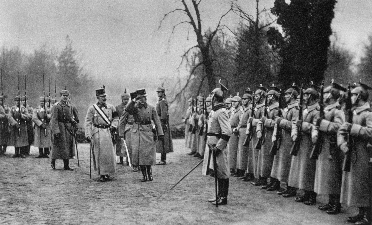 Kejser Karl I af Østrig besøger kejser Wilhelm II ved hærens hovedkvarter, Første Verdenskrig, 1917 af Unbekannt