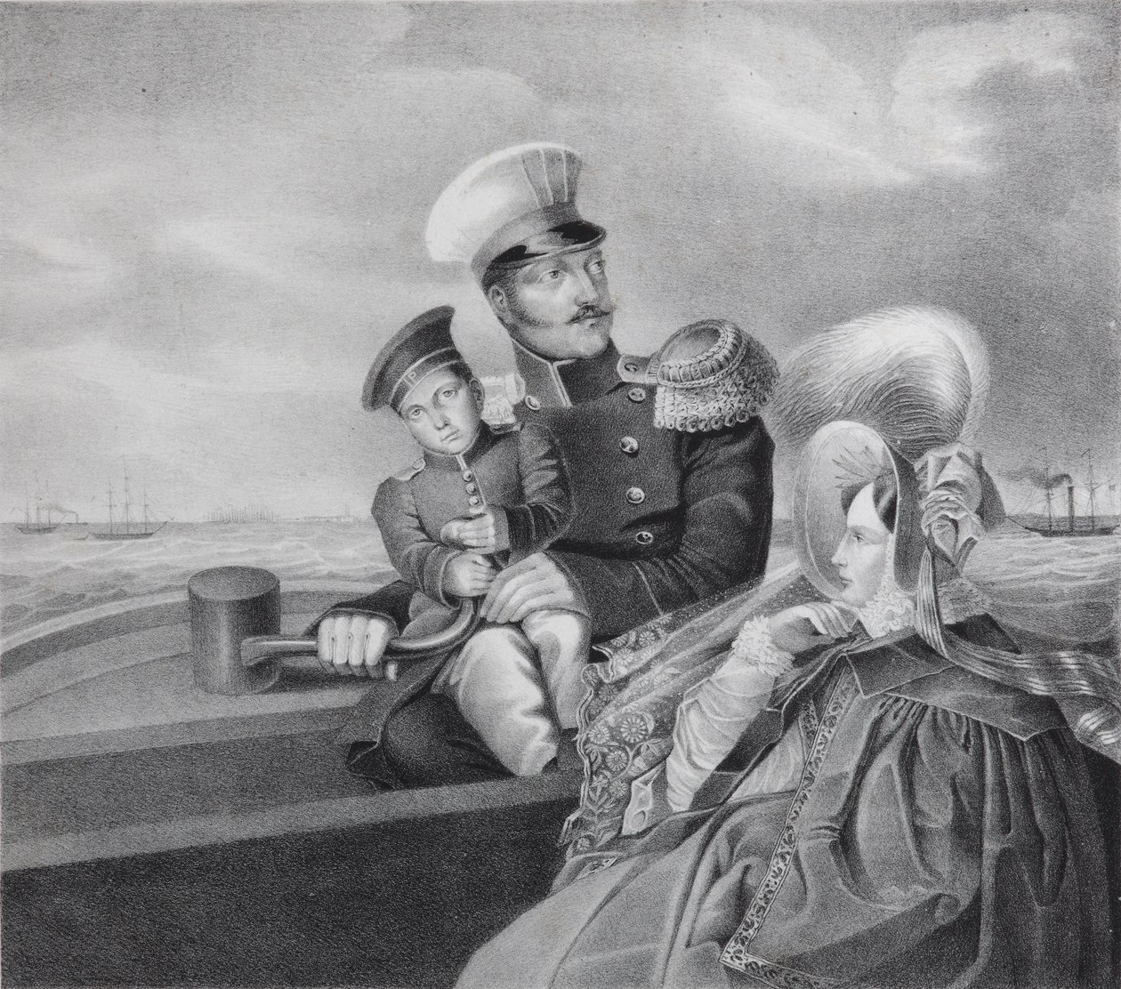 Kejser Nicholas I og kejserinde Alexandra Fyodorovna med sønnen Konstantin Nikolaevich på en bådtur, af Unbekannt