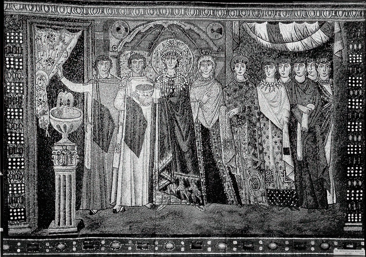 Kejserinde Theodora og medlemmer af hendes hof, byzantinsk, original fra begyndelsen af det 20. århundrede dateret 6. århundrede. af Unbekannt