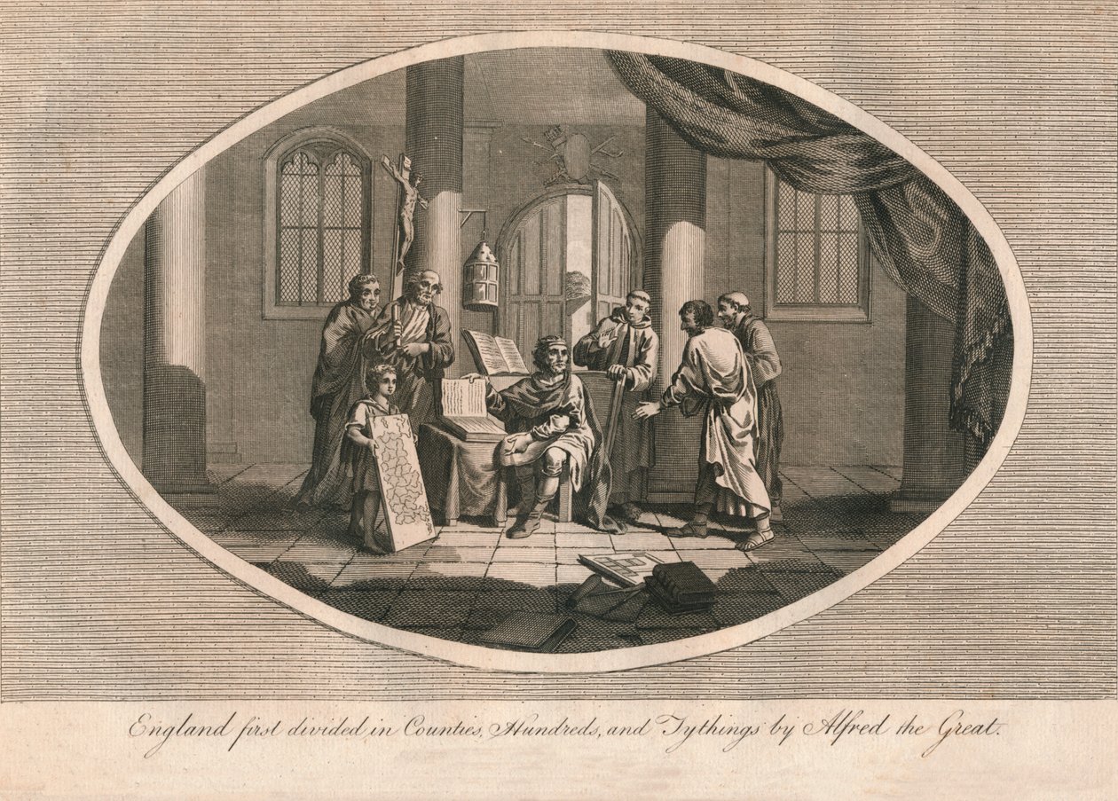 England blev først delt i amter, hundreder og tiende af Alfred den Store, c880